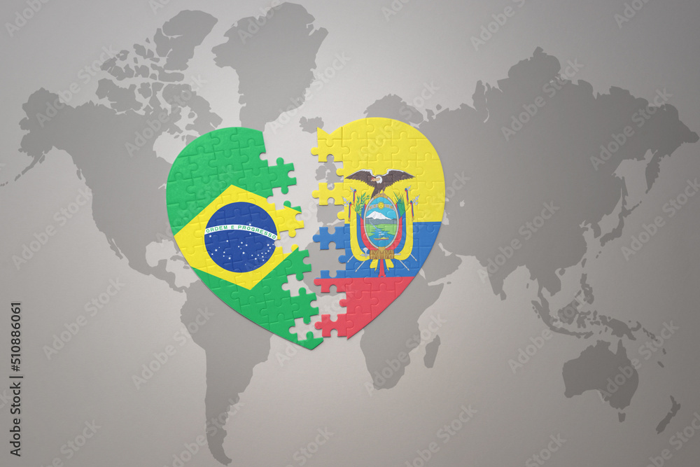 puzzle heart with the national flag of brazil and ecuador on a world ...