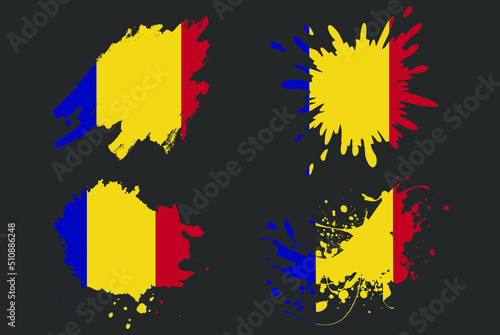 Romania flag brush splash vector set, country logo asset, paint grunge illustration concept, Romania flag brush stroke grunge effect, water splash mask, creative country flag logo idea