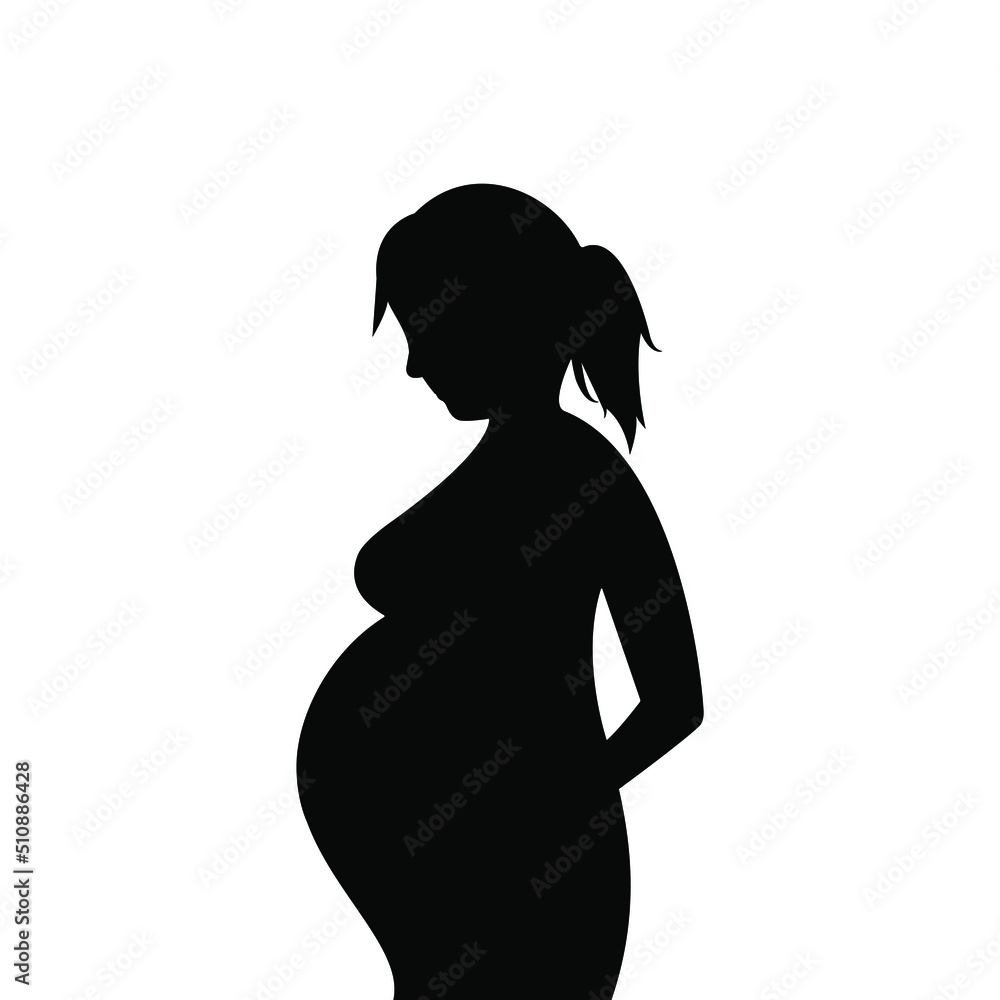 Happy pregnancy and waiting process. Pregnant woman silhouette. Pregnancy and motherhood. Vector illustration in a flat style. Pregnant girl holding her stomach. Pregnancy health care.