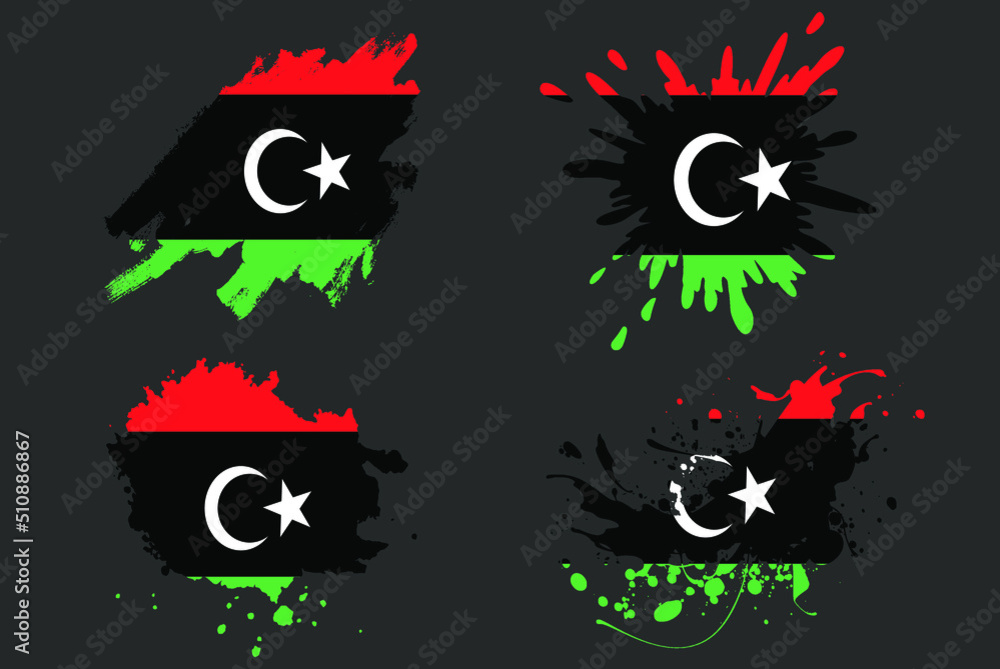Libya flag brush splash vector set, country logo asset, paint grunge illustration concept, Libya flag brush stroke grunge effect, water splash mask, creative country flag logo idea Libya flag brush splash vector set, country logo asset, paint grunge illustration concept, Libya flag brush stroke grunge effect, water splash mask, creative country flag logo idea