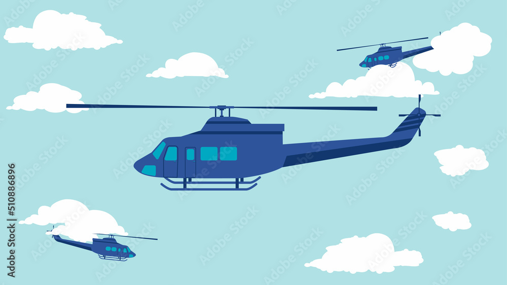 flat cartoon side view of utility helicopter in the sky
