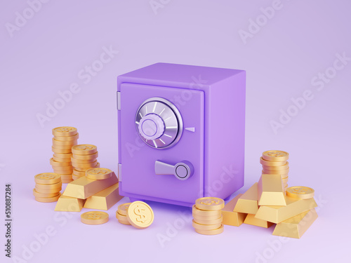 Safe box with money 3d render - illustration of closed purple strongbox surrounded by pile of gold coins and ingots.