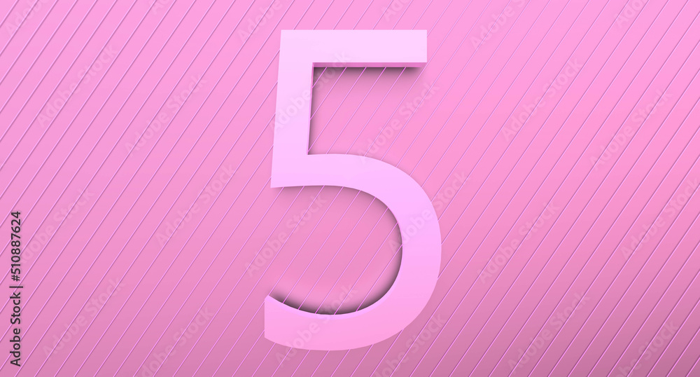 Number 5 on a pink background with reflection and neon stripes. Abstract number FIVE in pinkish color with reflection. 3D render. Number 5 on a pink background with reflection and neon stripes. Abstract number FIVE in pinkish color with reflection. 3D render.