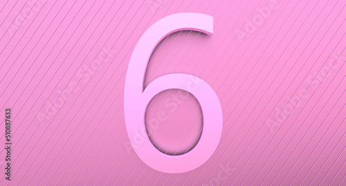 Number 6 on a pink background with reflection and neon stripes. Abstract number SIX in pinkish color with reflection. 3D render.