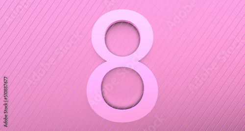Number 8 on a pink background with reflection and neon stripes. Abstract number EIGHT in pinkish color with reflection. 3D render.