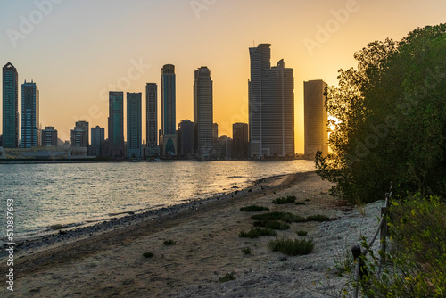 Sharjah, UAE - 02.06.2021 - Waterfront in Al Khan area of Sharjah Emirate. UAE. Outdoors photo