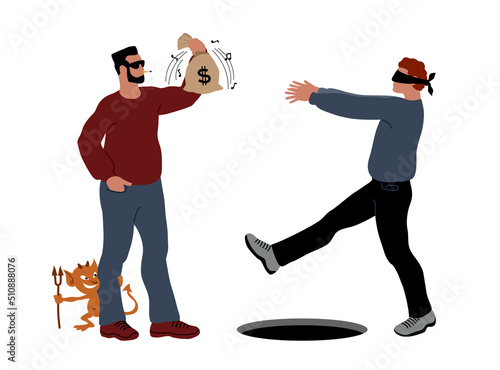 The scammer and the devil trap the victim. The concept of financial crime. The clink of coins. Color vector illustration isolated on a white background in a cartoon and flat design.
