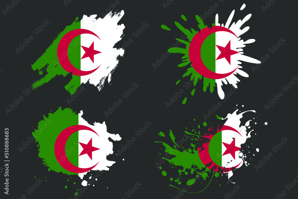 Algeria flag brush splash vector set, country logo asset, paint grunge illustration concept, Algeria flag brush stroke grunge effect, water splash mask, creative country flag logo idea