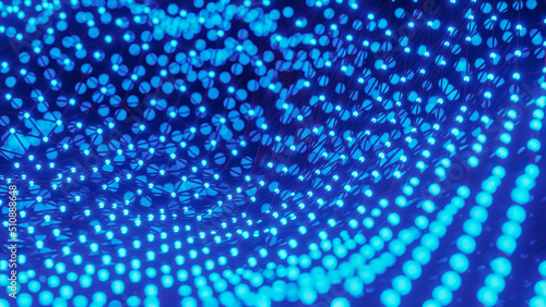Moving neon blue dots pattern forming a digital network connection on blue background 3D rendering