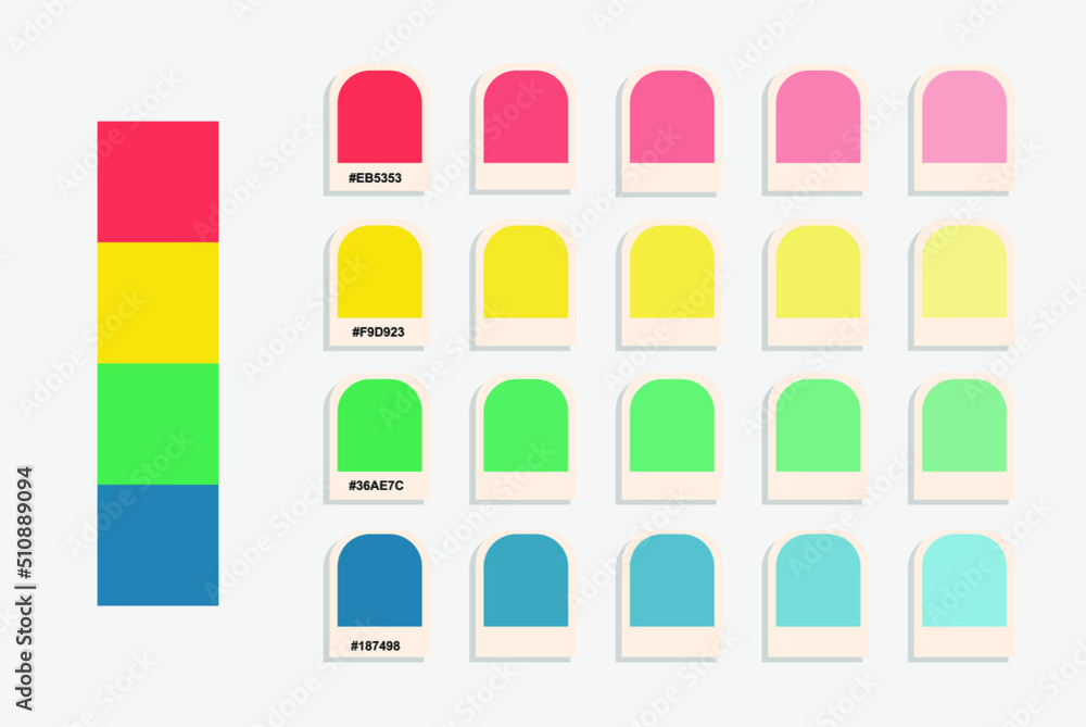 Pink yellow green blue color palette, warm colors catalogue, design and