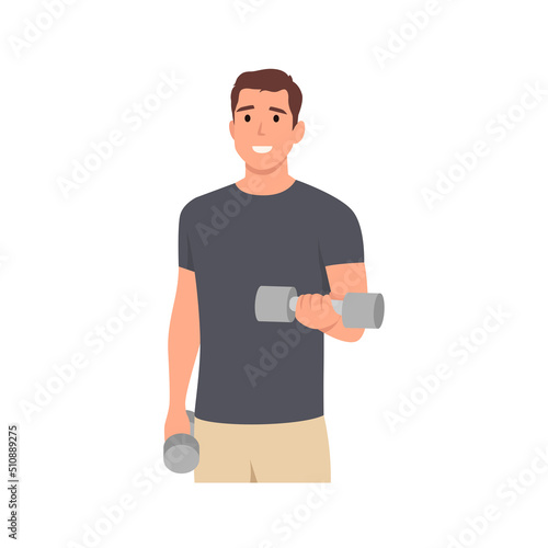 Young man workout using dumbbells doing bicep curl concept character . Flat vector illustration isolated on white background