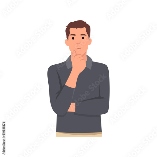 Young man is thinking about something and put his hand on chin concept character . Flat vector illustration isolated on white background