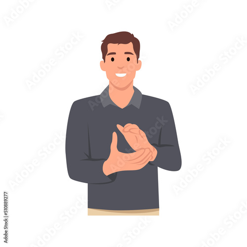 Young man clapping and applauding happy and joyful concept character . Flat vector illustration isolated on white background