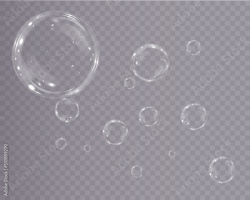 Collection of realistic soap bubbles. Bubbles are located on a transparent background. Vector flying soap bubble. Bubble PNG Water glass bubble realistic png	
