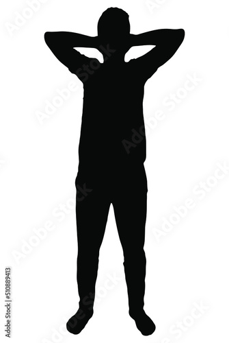 Stretching man vector silhouette, isolated on white background, person with headache, fill with black color, shadow idea, warm up moves concept