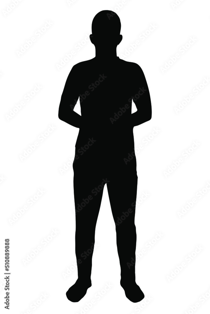 Standing man vector silhouette, isolated on white background, fill with black color, shadow idea, human shape concept