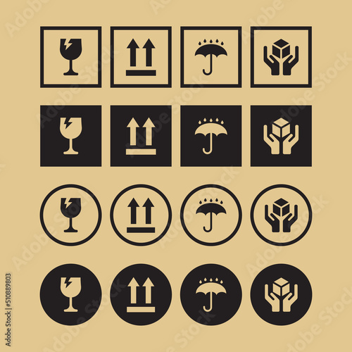 Set of black fragile icons on cardboard, square and round shape