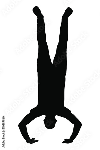 Valokuvatapetti Man doing handstand vector silhouette, isolated on white background, fill with b