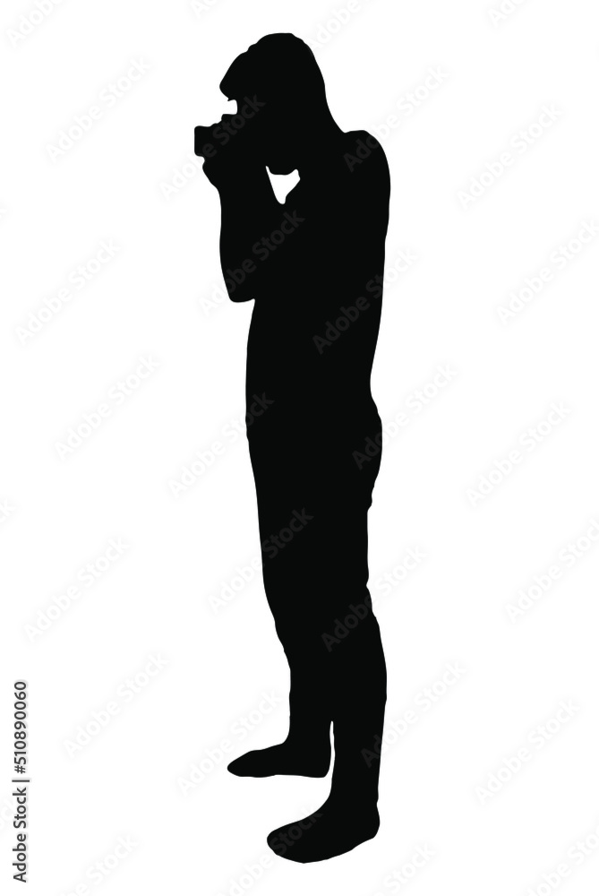 Man taking photo with camera vector silhouette, isolated on white background, fill with black color, shadow idea, tourist and travel concept Man taking photo with camera vector silhouette, isolated on white background, fill with black color, shadow idea, tourist and travel concept