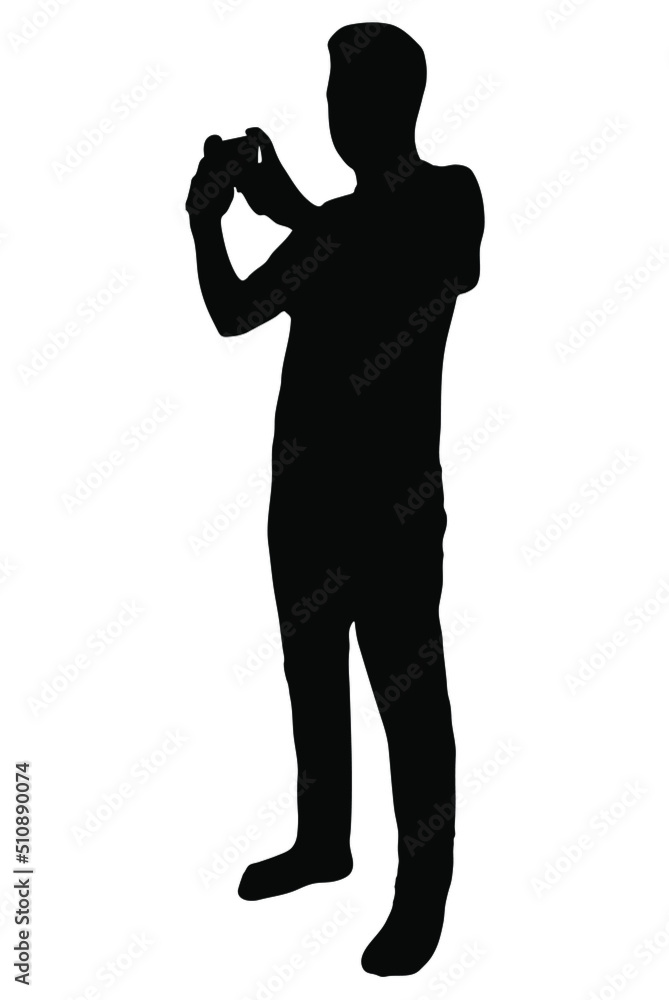 Man taking a photo with mobile phone vector silhouette, isolated on white background, fill with black color, shadow idea, photography concept