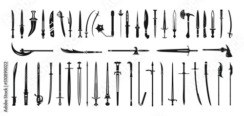 Collection of edged weapons in black and white style. Monochrome icons of knives and blades.