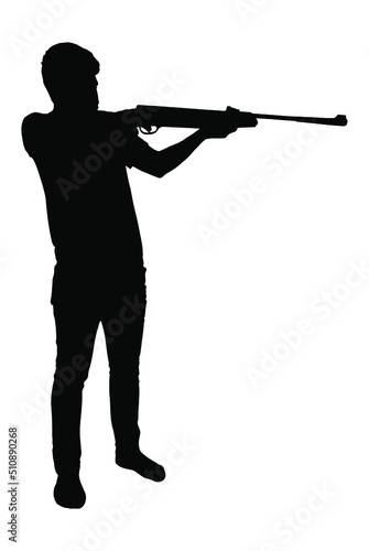 Standing man aiming with rifle vector silhouette  isolated on white background  fill with black color  shadow idea  hunter concept