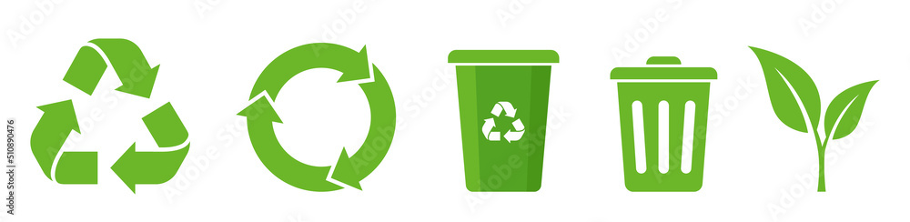 set of recycle icons. ecology green icons for packaging. trash and leaf symbol. vector illustration - obrazy, fototapety, plakaty 