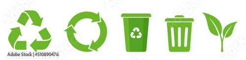 set of recycle icons. ecology green icons for packaging. trash and leaf symbol. vector illustration photo