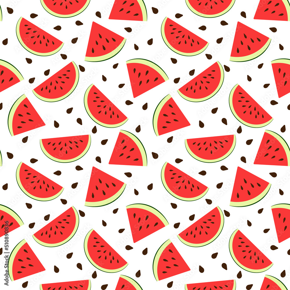 Watermelons with black and white seeds background. Seamless watermelons pattern for textile. Wallpaper watermelon slices. Cute vector illustration Watermelons with black and white seeds background. Seamless watermelons pattern for textile. Wallpaper watermelon slices. Cute vector illustration
