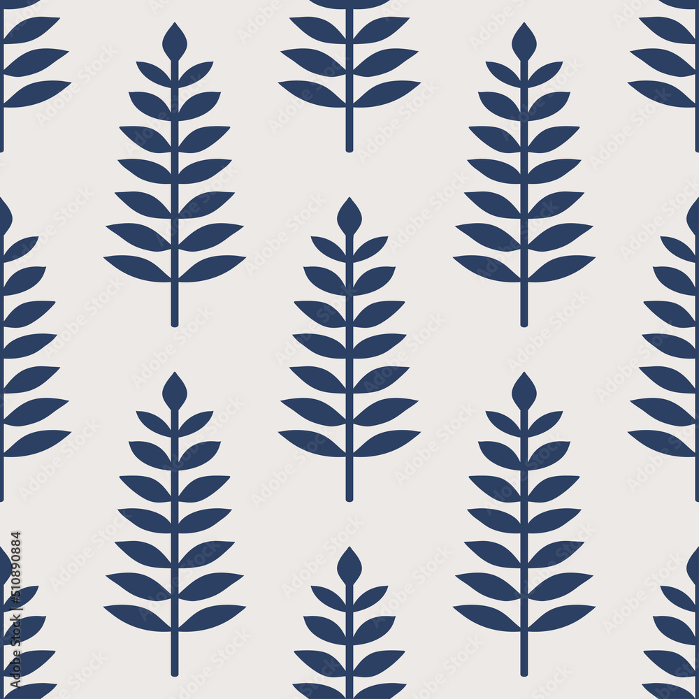 Geometric simple mid century seamless pattern with flat blue leaves Geometric simple mid century seamless pattern with flat blue leaves