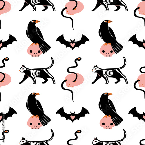 Dark magic seamless pattern with raven, skull, snake, skeleton cat. Hand drawn witchcraft esoteric texture for textile, paper, halloween party decoration. Witch occult symbols. Flat vector