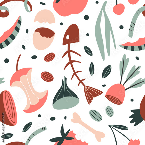 Organic elements seamless pattern. Home food processing, domestic composting. Flat style kitchen scraps and bean card. Eco-friendly concept, Ecological lifestyle