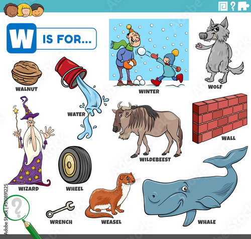 letter w words educational set with cartoon characters