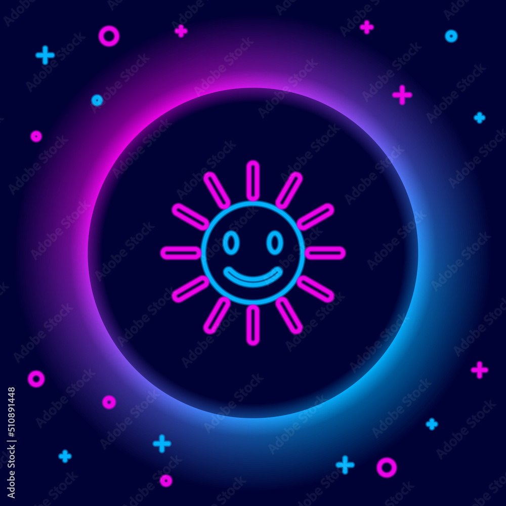 Glowing neon line Cute sun with smile icon isolated on black background. Funny smiling sun. Happy sunny smile. Colorful outline concept. Vector