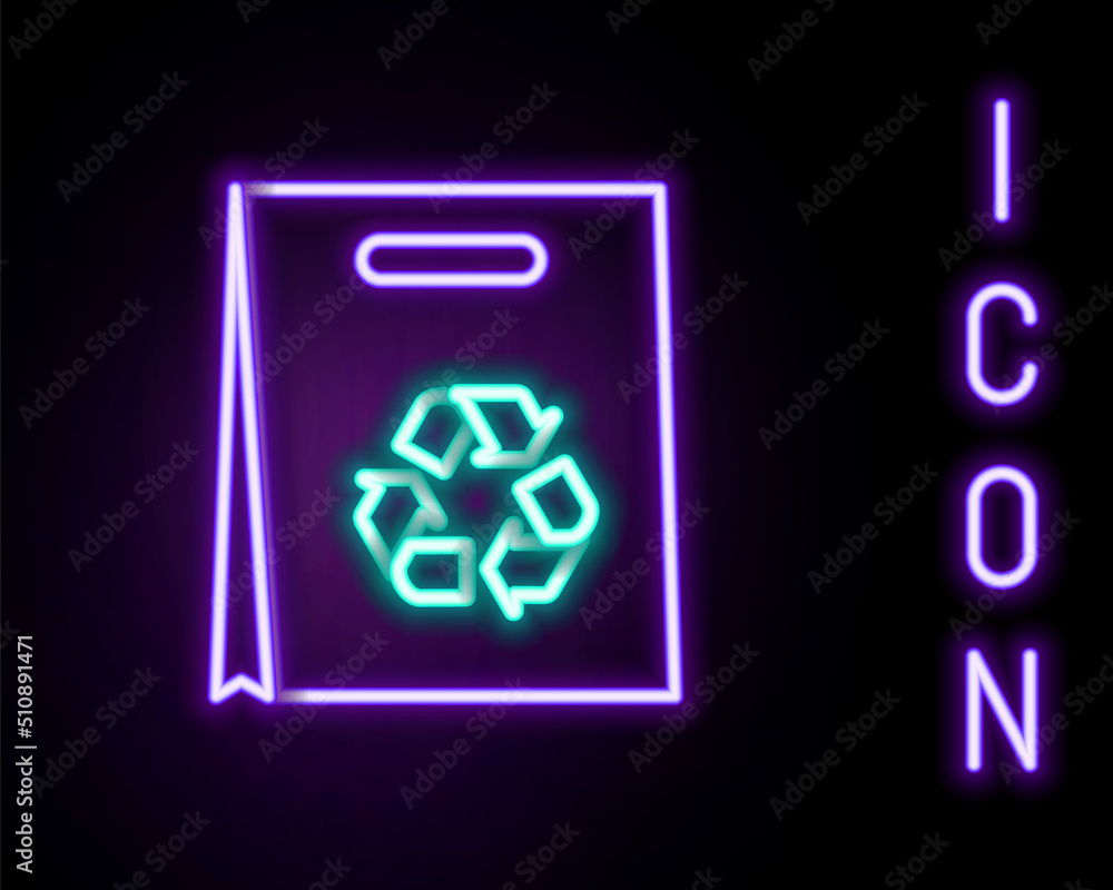 Glowing neon line Paper shopping bag with recycle icon isolated on black background. Bag with recycling symbol. Colorful outline concept. Vector Glowing neon line Paper shopping bag with recycle icon isolated on black background. Bag with recycling symbol. Colorful outline concept. Vector
