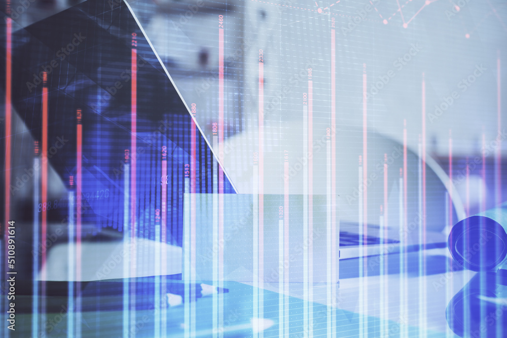 Stock market graph and table with computer background. Multi exposure. Concept of financial analysis. Stock market graph and table with computer background. Multi exposure. Concept of financial analysis.