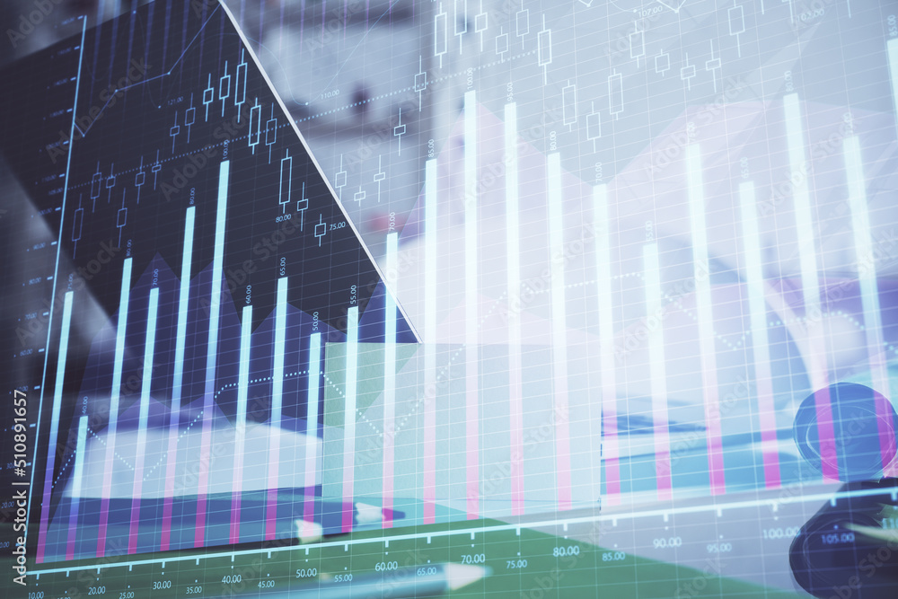 Stock market graph and table with computer background. Multi exposure. Concept of financial analysis. Stock market graph and table with computer background. Multi exposure. Concept of financial analysis.