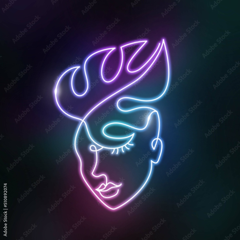 Neon face of a woman in a modern abstract minimalist one line style. Tropical green leaf illumination. Continuous simple linear futuristic electric light design. Turquoise cyan color. Neon face of a woman in a modern abstract minimalist one line style. Tropical green leaf illumination. Continuous simple linear futuristic electric light design. Turquoise cyan color.