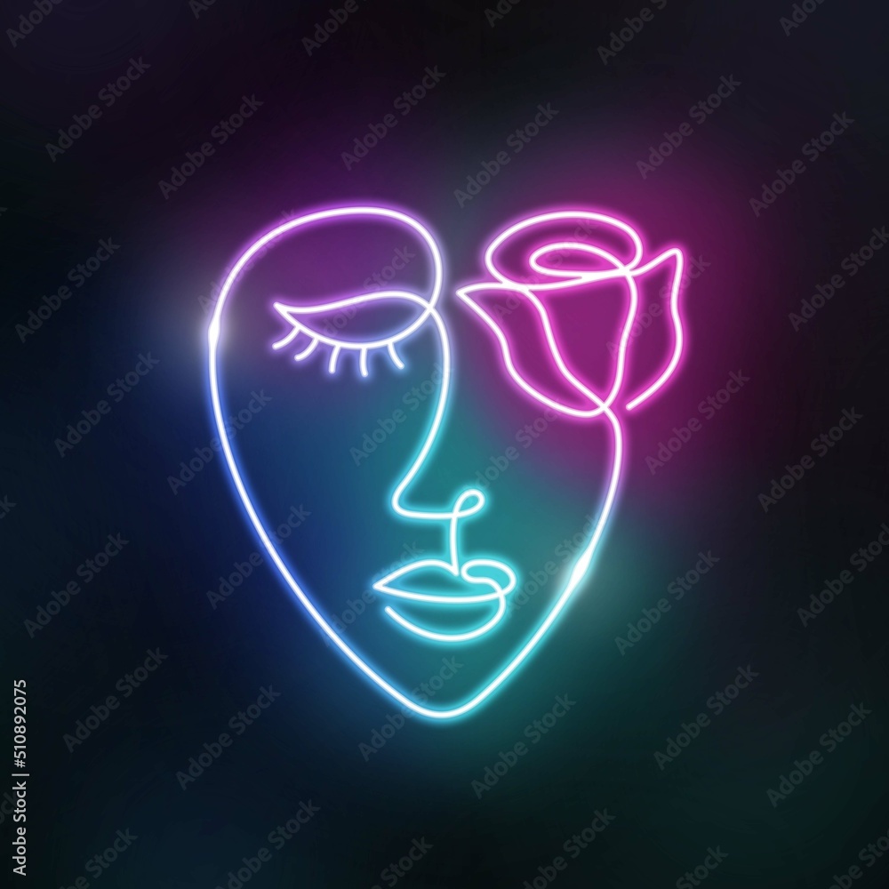 Neon face of a woman in a modern abstract minimalist one line style. Rose flower illumination. Continuous simple linear futuristic electric light design. Turquoise cyan color.