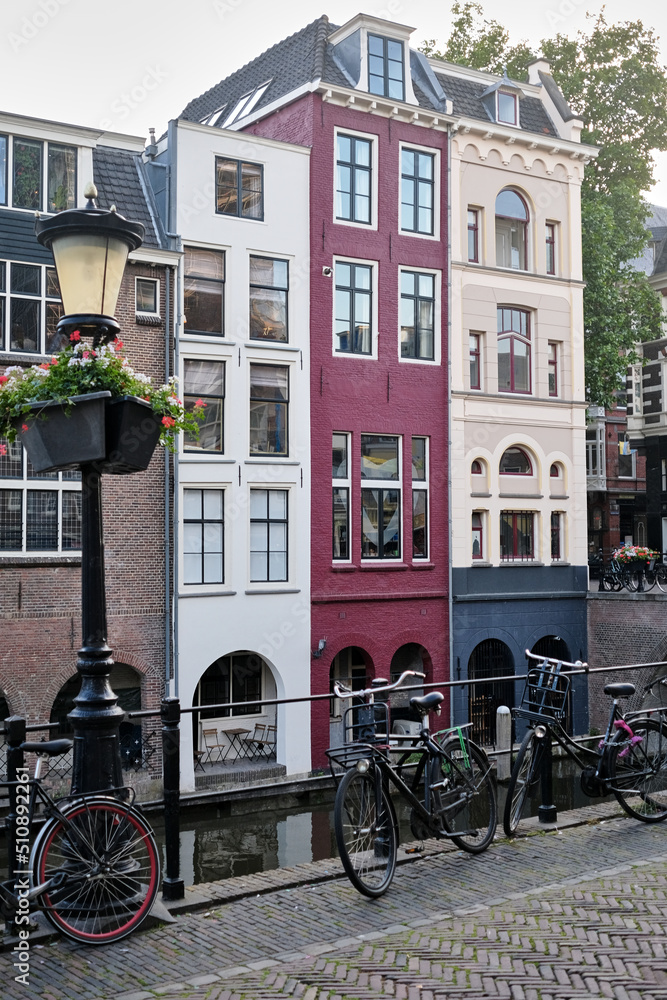 Historic houses on the Oudegracht canal in Utrecht, The Netherlands
