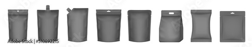 Set of realistic doy pack mockups. Black flow pack, sachet, zip bag and doypack. Sheet mask sachet. Coffee, sause or candy packaging. Laundry detergent