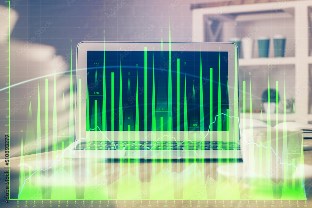 Stock market graph and table with computer background. Multi exposure. Concept of financial analysis. Stock market graph and table with computer background. Multi exposure. Concept of financial analysis.