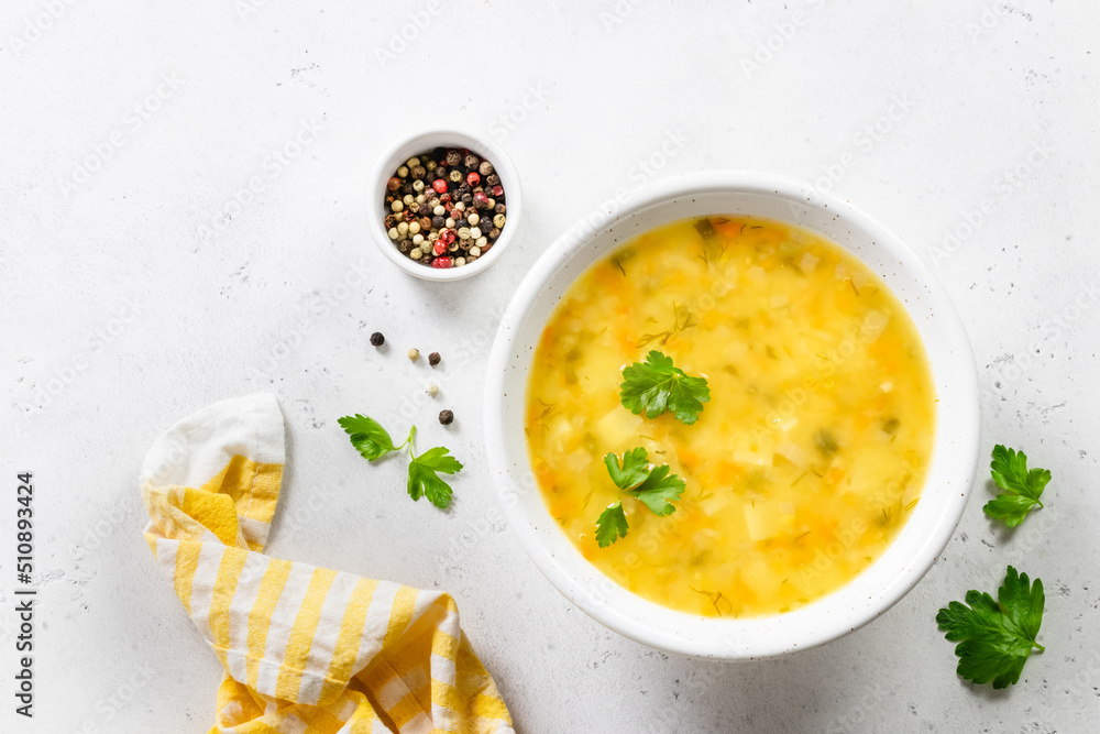 Mung bean coconut milk yellow vegetable soup. Top view, copy space. Mung bean coconut milk yellow vegetable soup. Top view, copy space.