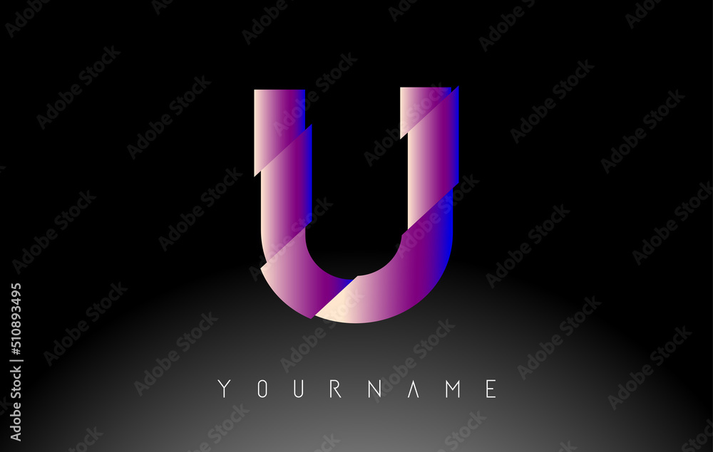 Letter U with abstract sliced effect logo design. Creative vector illustration with vibrant blue and pink gradient color. Letter U with abstract sliced effect logo design. Creative vector illustration with vibrant blue and pink gradient color.