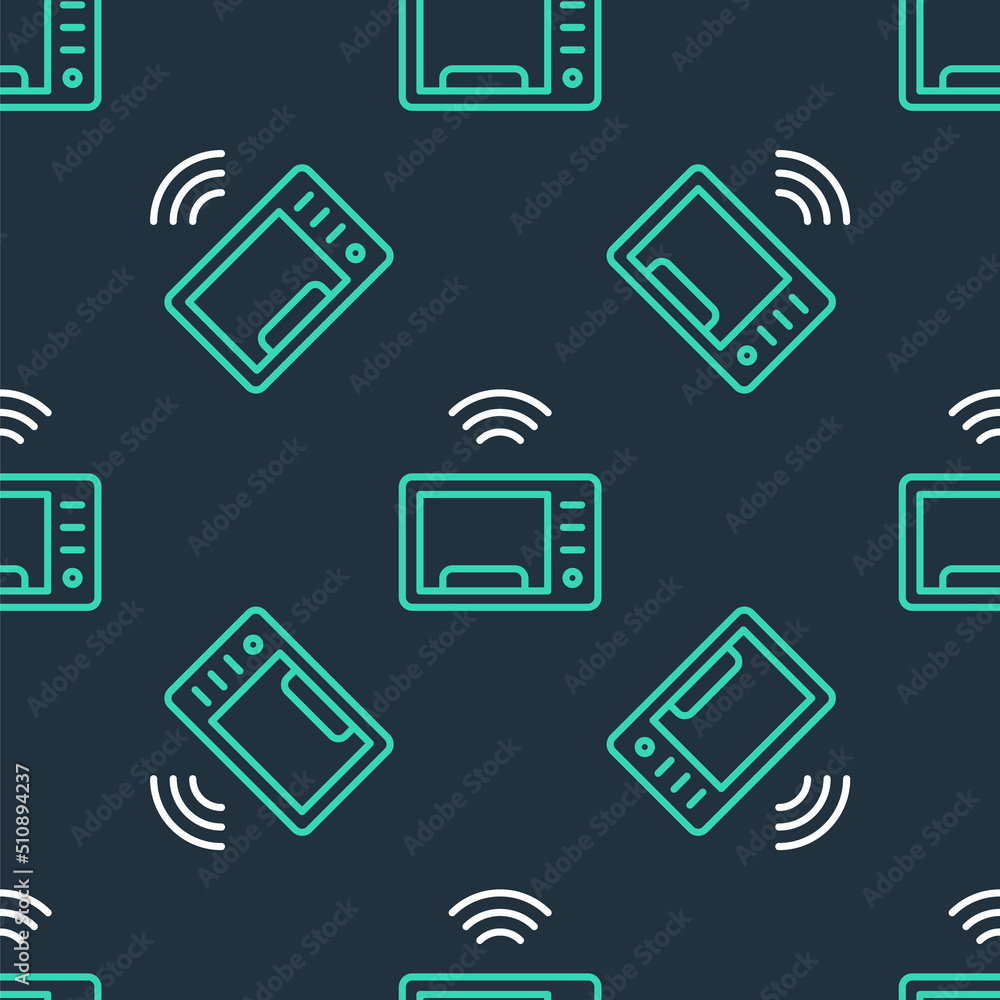 Line Smart microwave oven system icon isolated seamless pattern on black background. Home appliances icon. Internet of things concept with wireless connection. Vector Line Smart microwave oven system icon isolated seamless pattern on black background. Home appliances icon. Internet of things concept with wireless connection. Vector