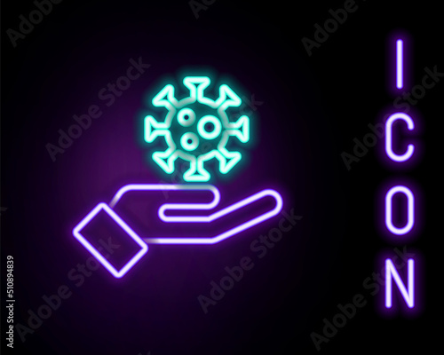 Glowing neon line Hand with virus icon isolated on black background. Corona virus 2019-nCoV. Bacteria and germs, cell cancer, microbe, fungi. Colorful outline concept. Vector