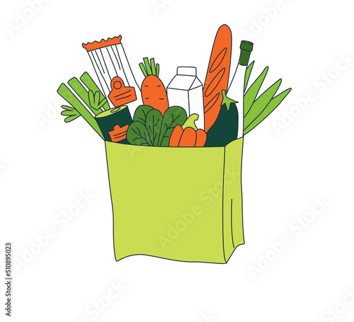 Grocery order. Basket of food. Goods from online shop.