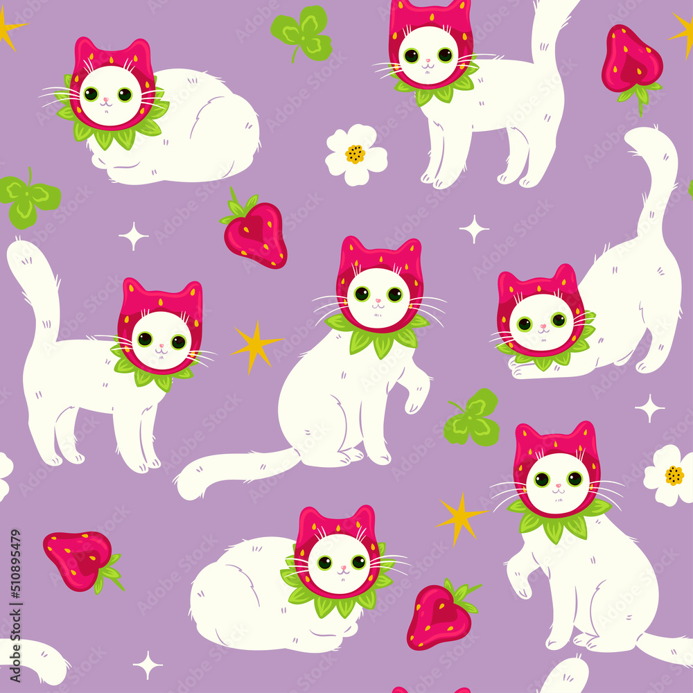 Naklejka premium Seamless pattern with strawberry cats. Vector graphics.