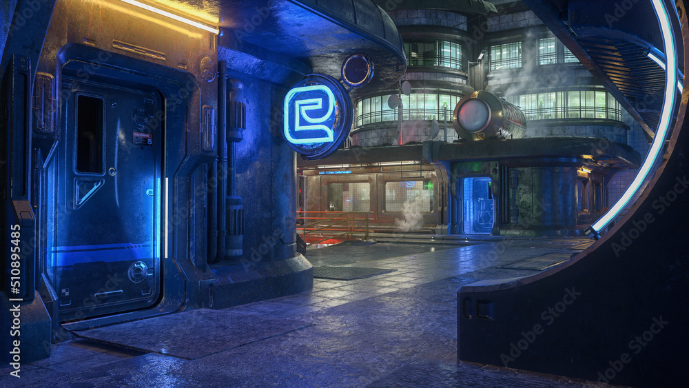 Dark alleyway in a futuristic cyberpunk city at night with neon lights on the buildings. 3D rendering. Dark alleyway in a futuristic cyberpunk city at night with neon lights on the buildings. 3D rendering.