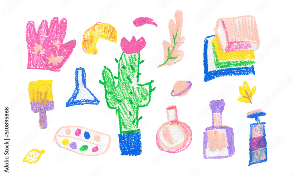 Set of illustrations for the day of knowledge drawn with wax crayons. A collection of children's images in doodle style with oil pastels. Designs for stickers, posters, postcards.